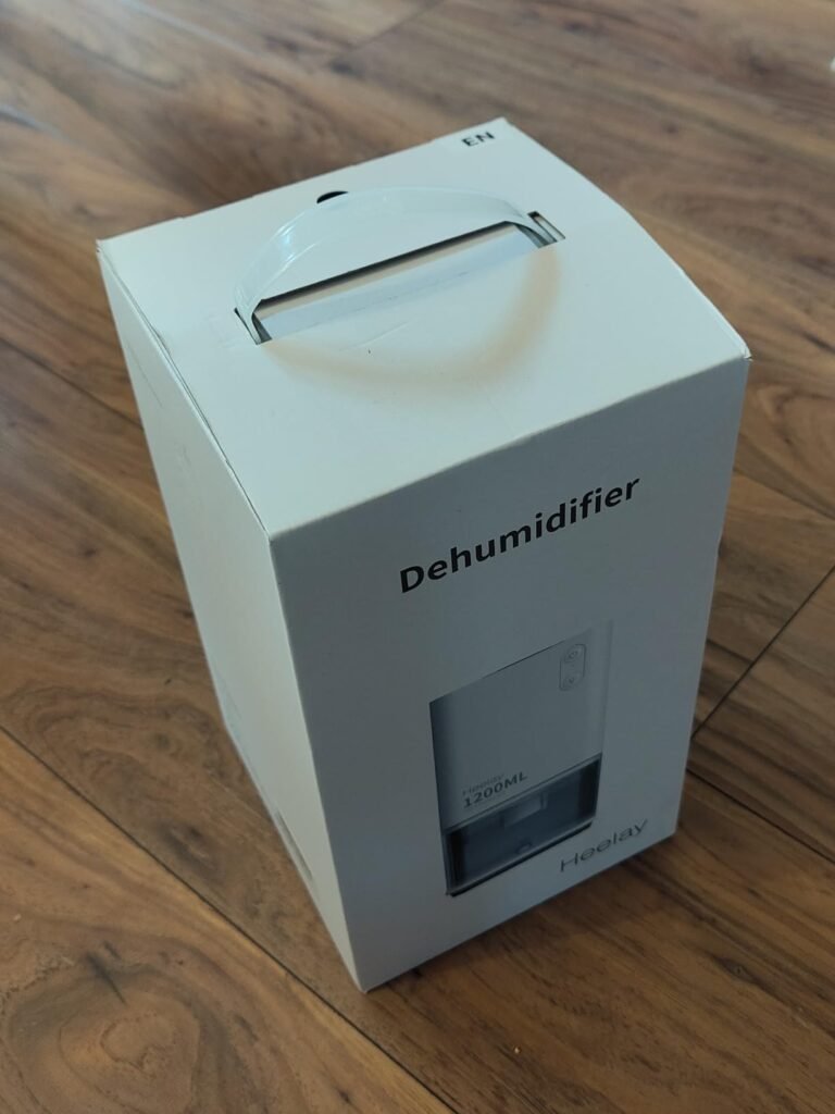 view of our own new purchase testing heelay small compact dehumidifier uk unboxing package arrival several weeks to months 